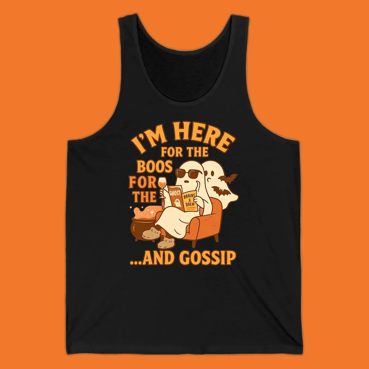 Illustration of ghosts relaxing and reading, with text "I'm Here For The Boos And Gossip", for ghost-gossip-halloween themed apparel.