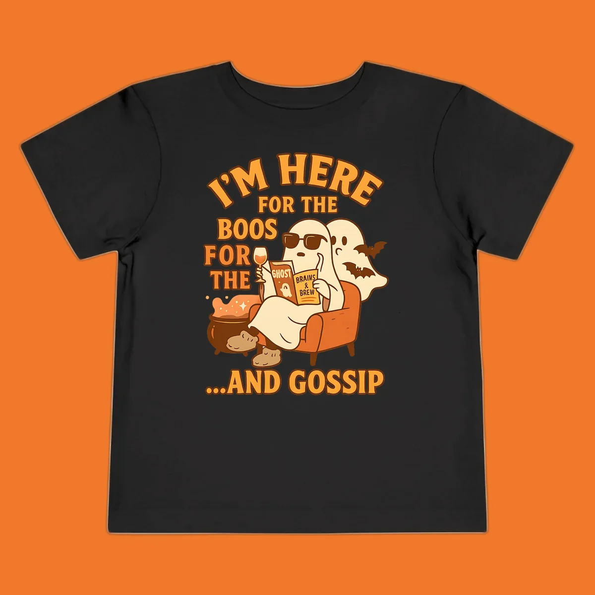 Illustration of ghosts relaxing and reading, with text "I'm Here For The Boos And Gossip", for ghost-gossip-halloween themed apparel.
