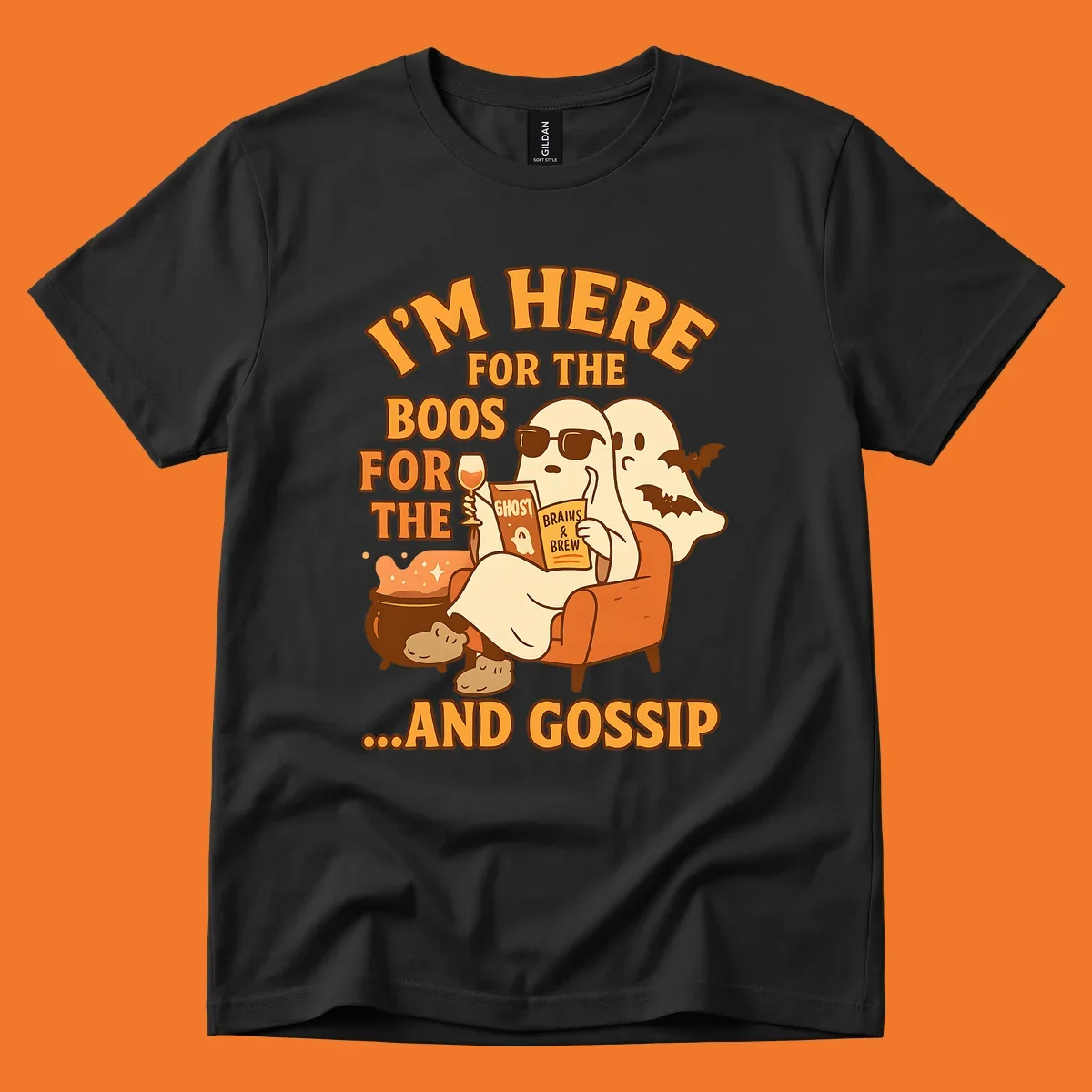 Illustration of ghosts relaxing and reading, with text "I'm Here For The Boos And Gossip", for ghost-gossip-halloween themed apparel.