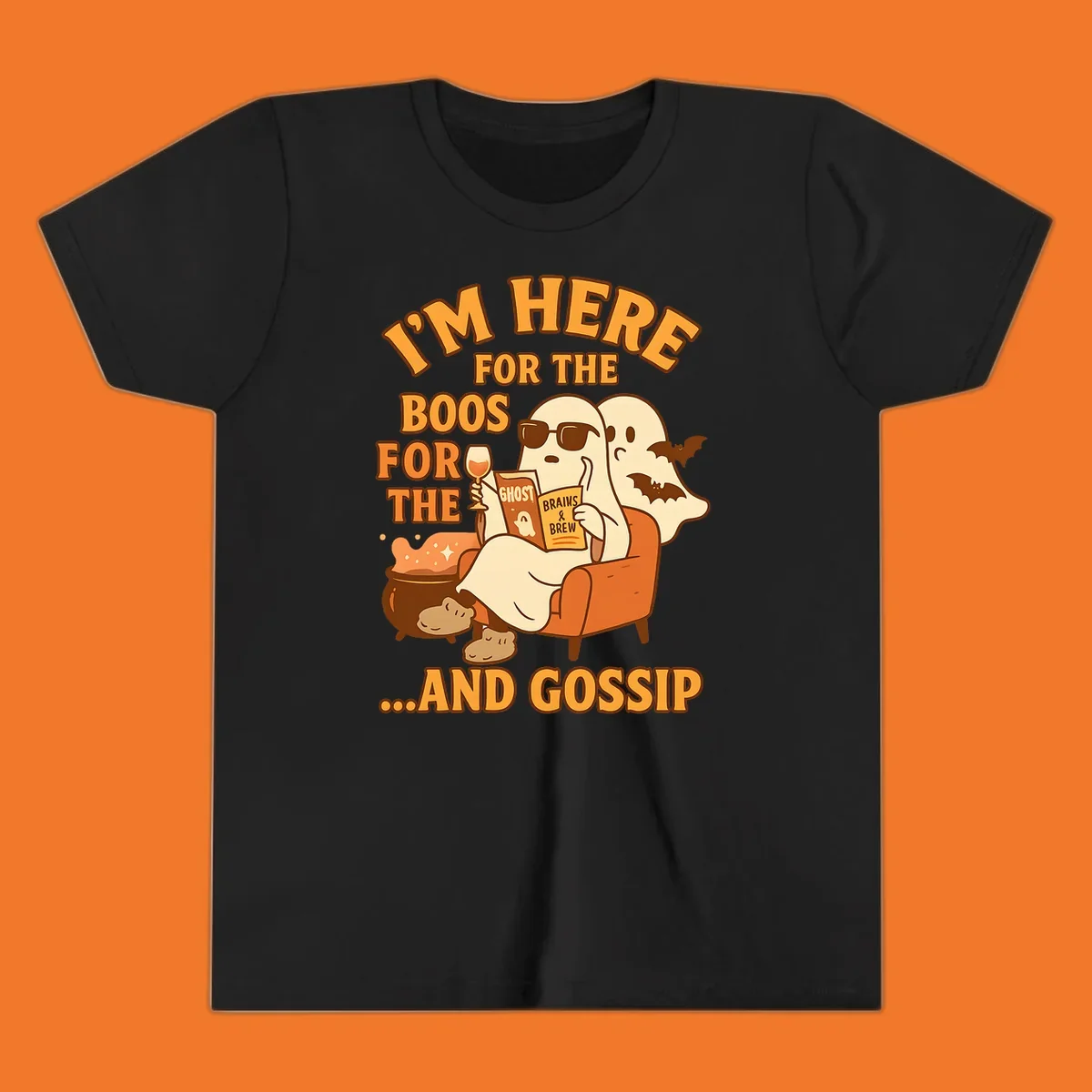 Illustration of ghosts relaxing and reading, with text "I'm Here For The Boos And Gossip", for ghost-gossip-halloween themed apparel.