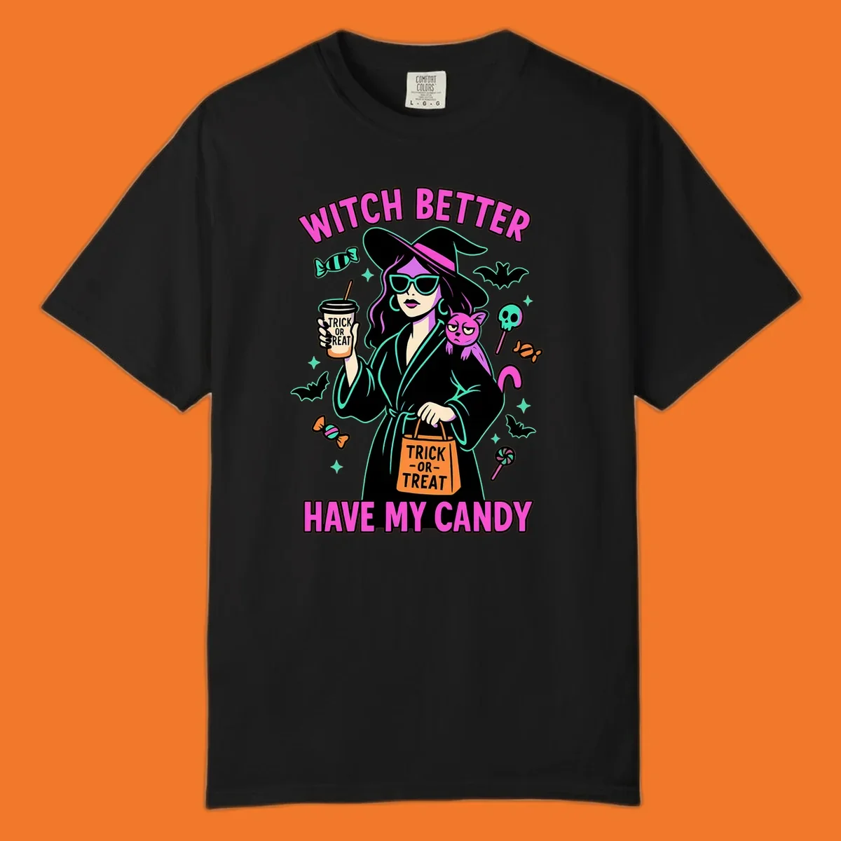 Witch better have my candy Halloween design with a witch, cat, candy, and bats.