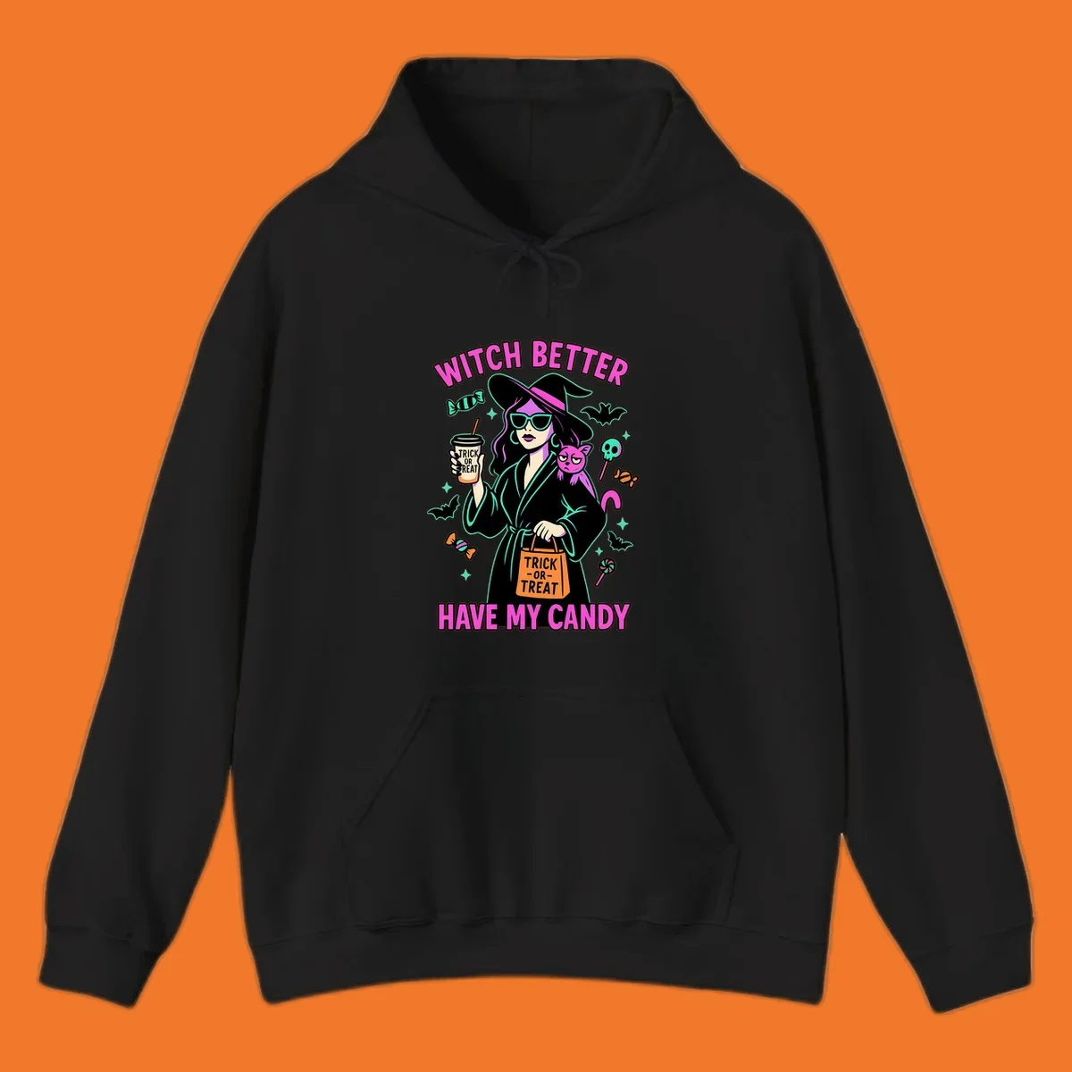 Witch better have my candy Halloween design with a witch, cat, candy, and bats.