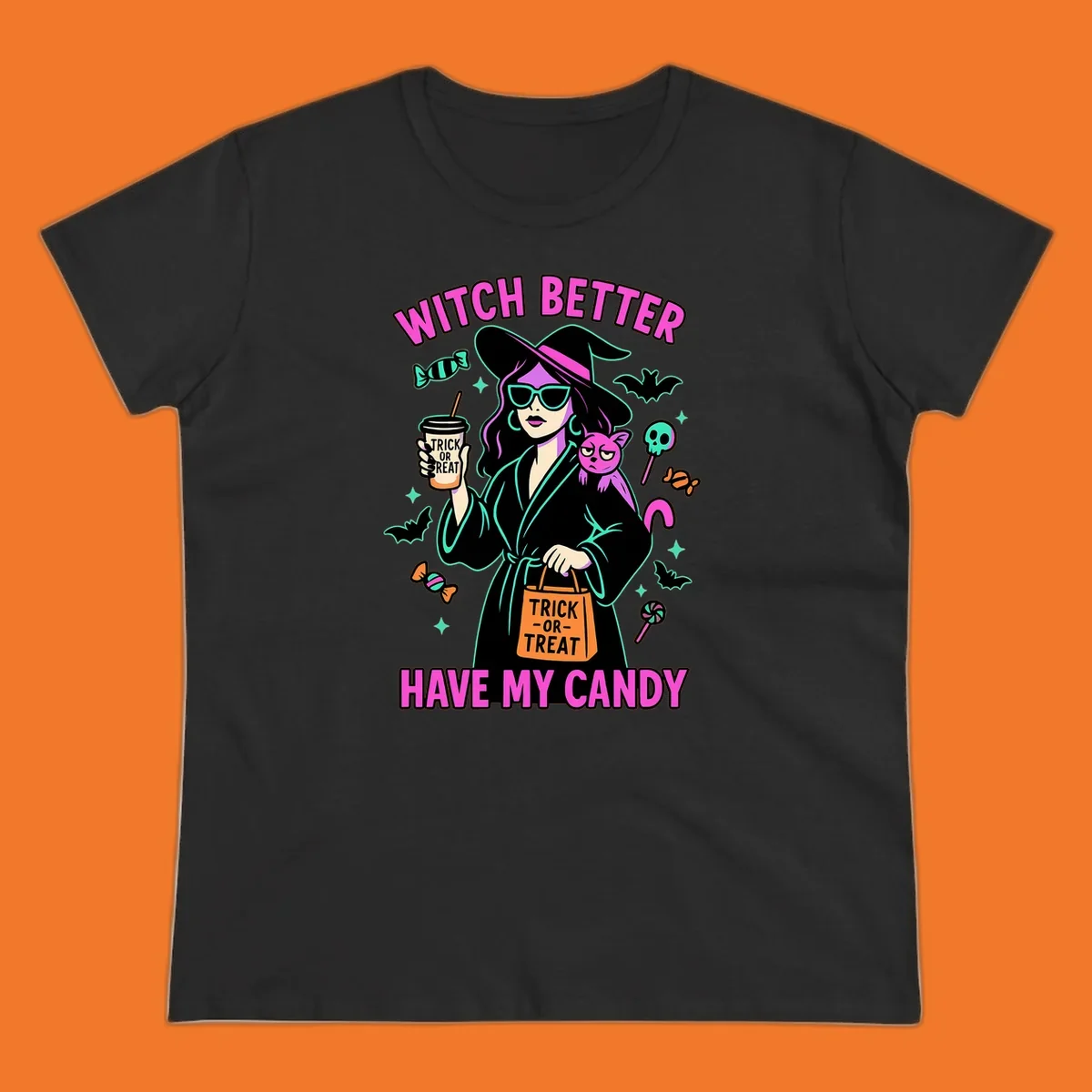 Witch better have my candy Halloween design with a witch, cat, candy, and bats.