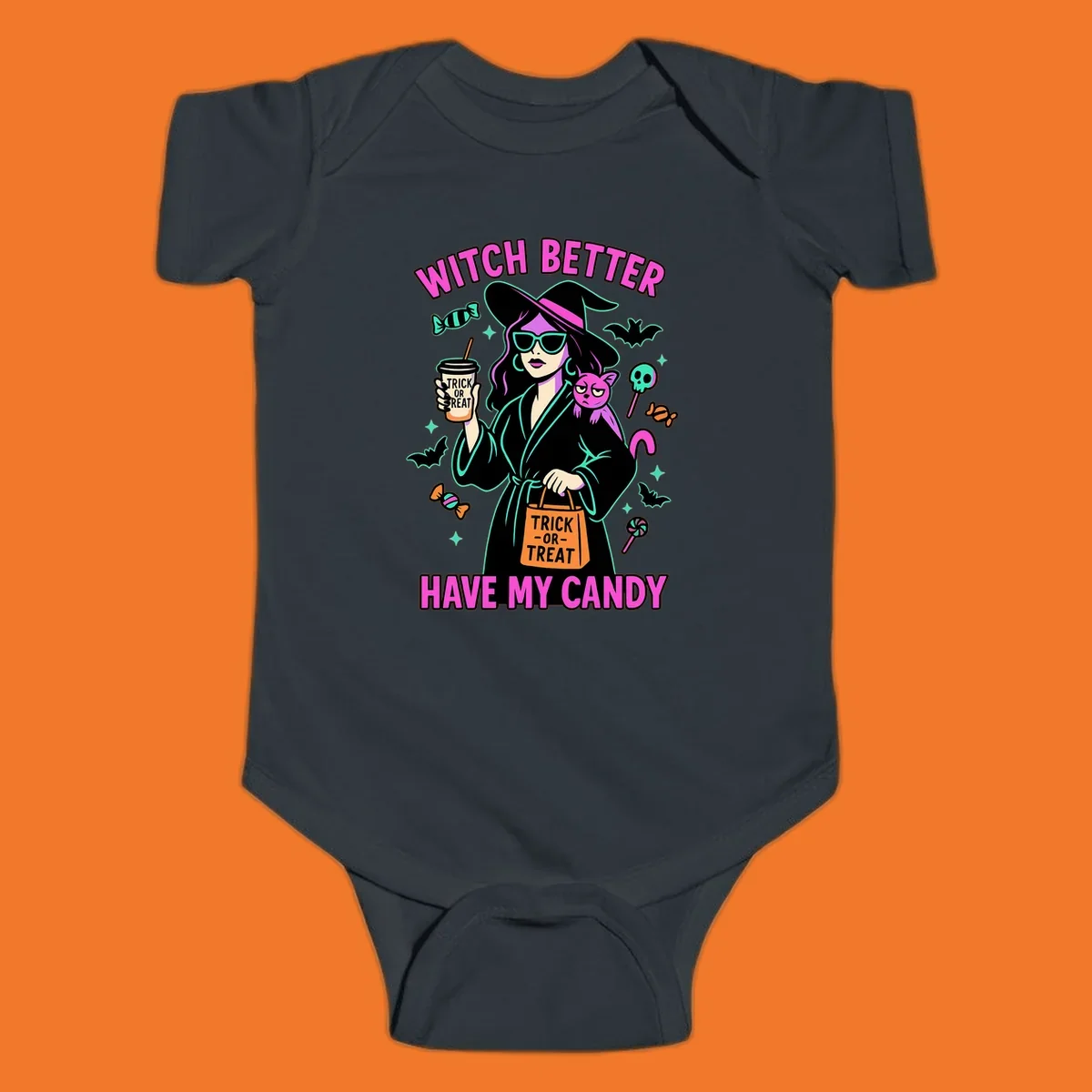Witch better have my candy Halloween design with a witch, cat, candy, and bats.