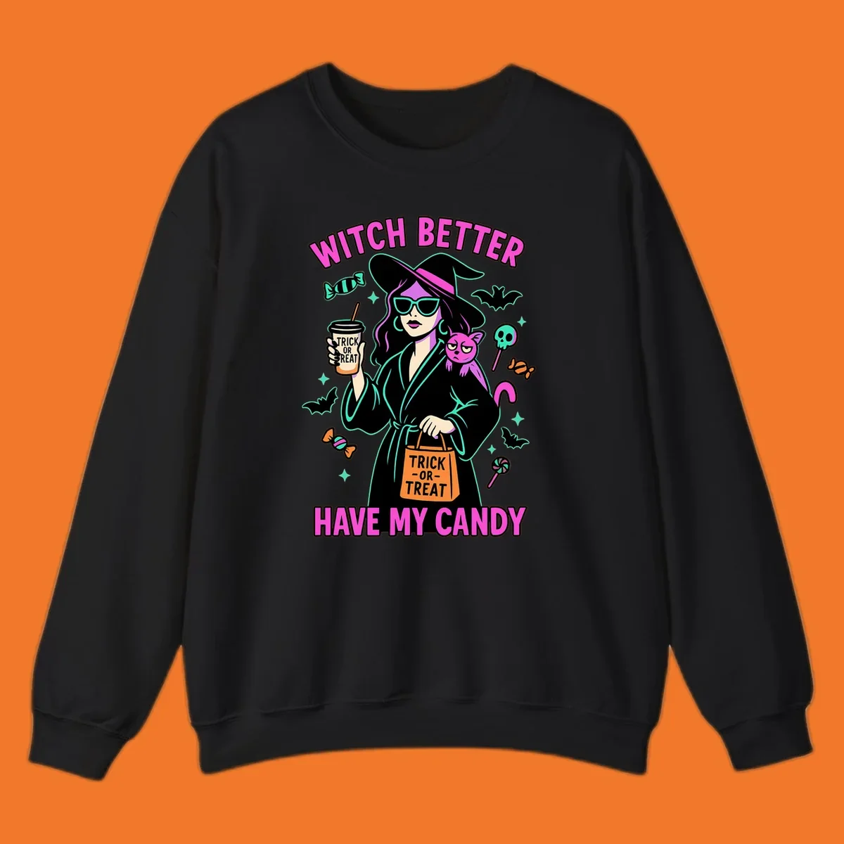 Witch better have my candy Halloween design with a witch, cat, candy, and bats.