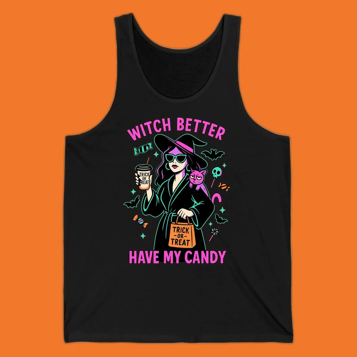 Witch better have my candy Halloween design with a witch, cat, candy, and bats.