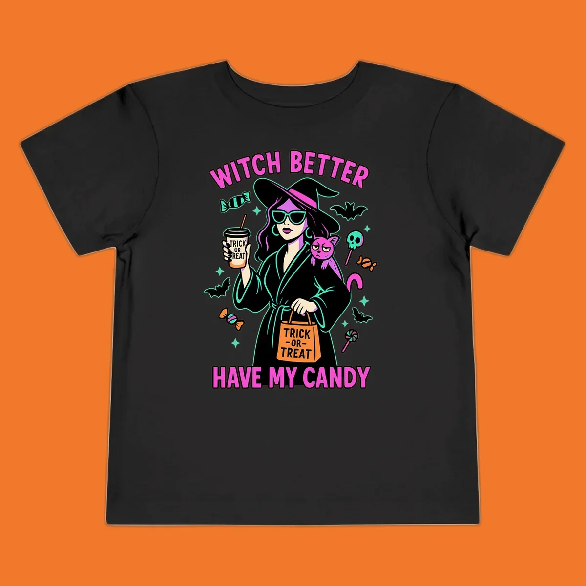 Witch better have my candy Halloween design with a witch, cat, candy, and bats.