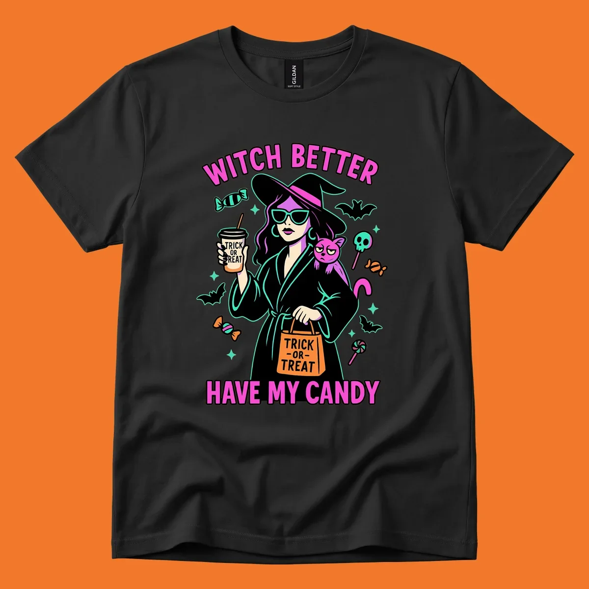 Witch better have my candy Halloween design with a witch, cat, candy, and bats.