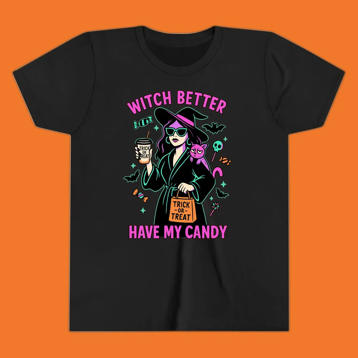 Witch better have my candy Halloween design with a witch, cat, candy, and bats.