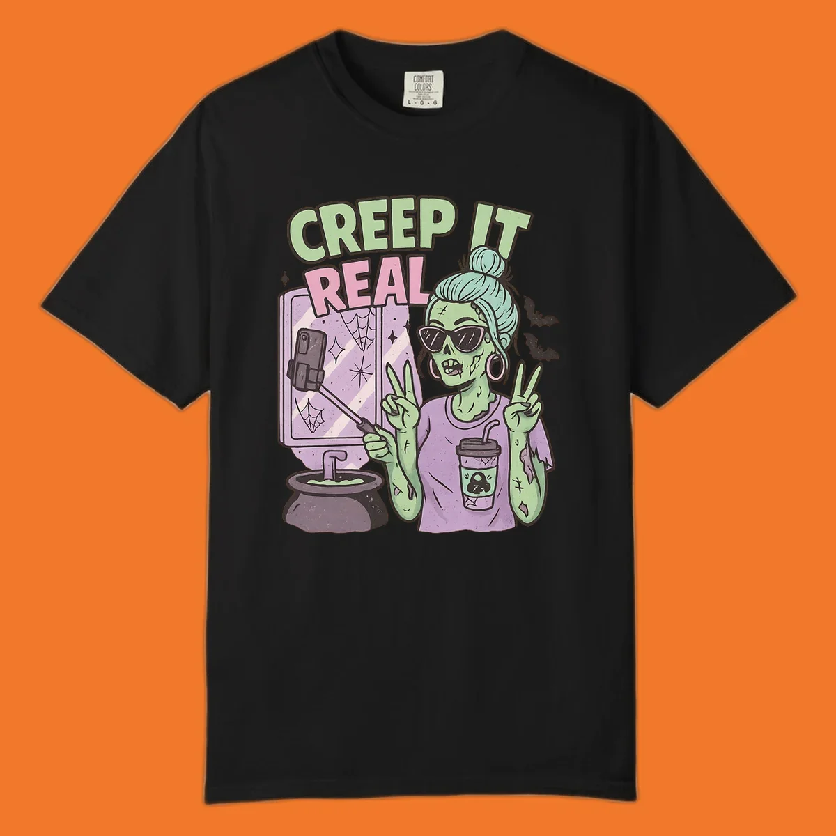 Creep it real zombie girl taking a selfie with peace signs, holding a potion and coffee cup.