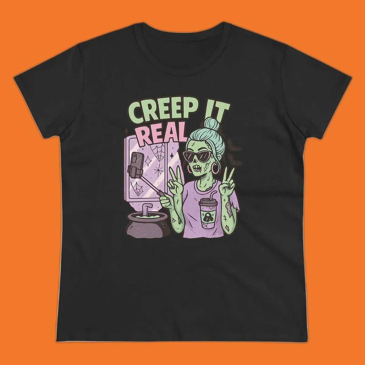 Creep it real zombie girl taking a selfie with peace signs, holding a potion and coffee cup.