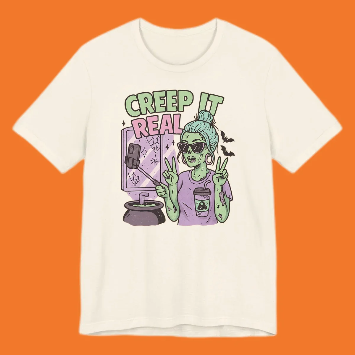 Creep it real zombie girl taking a selfie with peace signs, holding a potion and coffee cup.