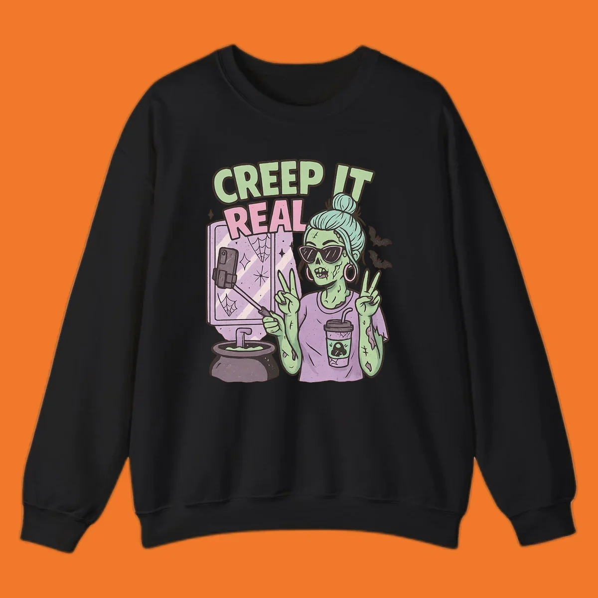 Creep it real zombie girl taking a selfie with peace signs, holding a potion and coffee cup.