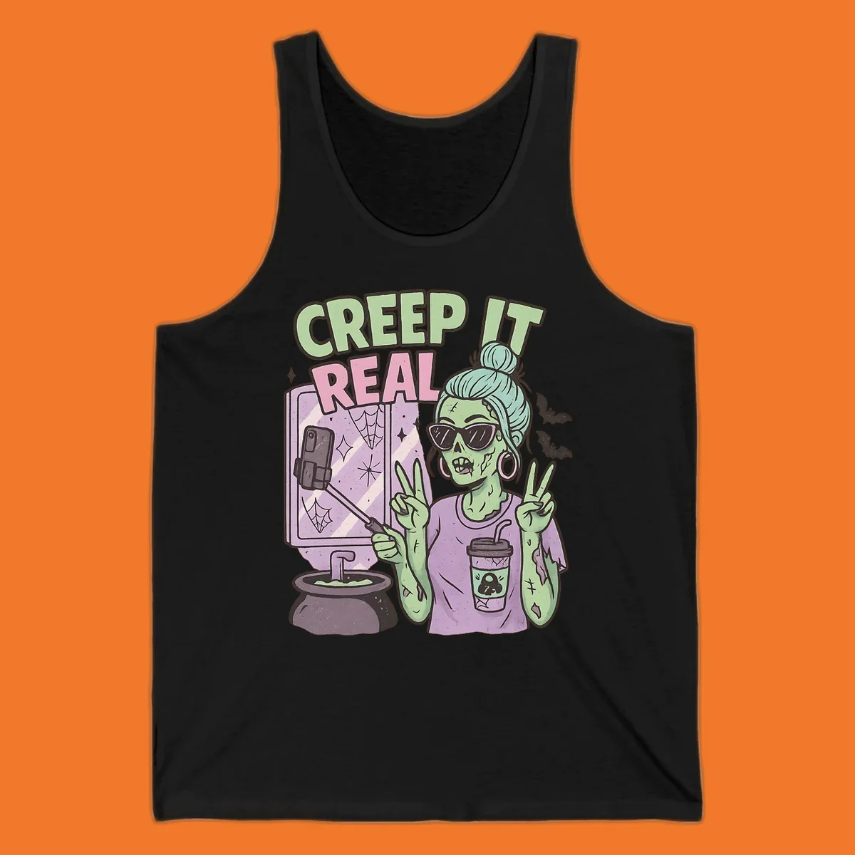 Creep it real zombie girl taking a selfie with peace signs, holding a potion and coffee cup.
