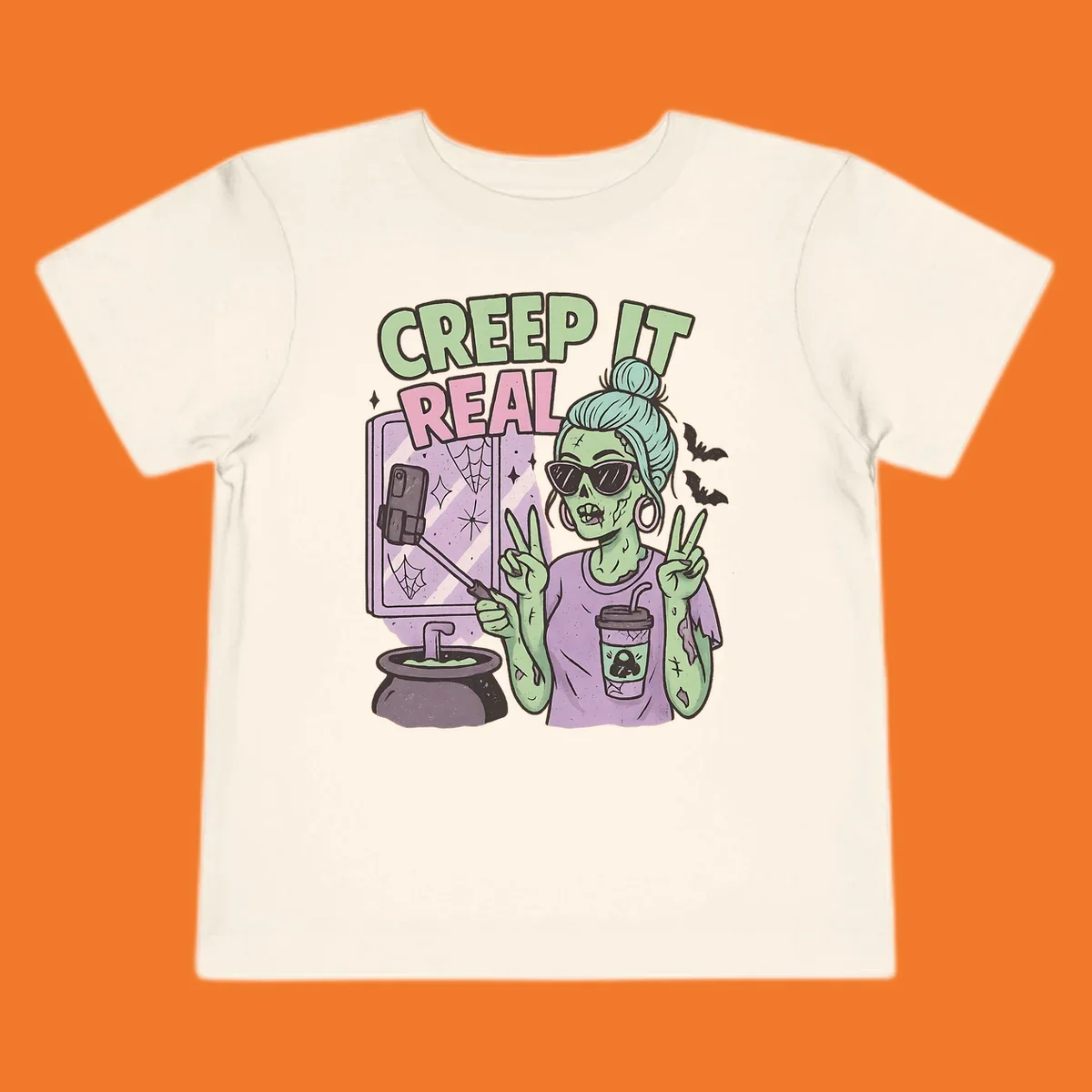 Creep it real zombie girl taking a selfie with peace signs, holding a potion and coffee cup.