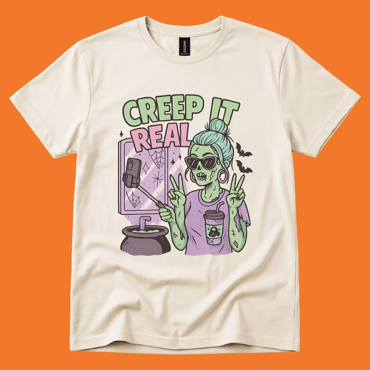 Creep it real zombie girl taking a selfie with peace signs, holding a potion and coffee cup.