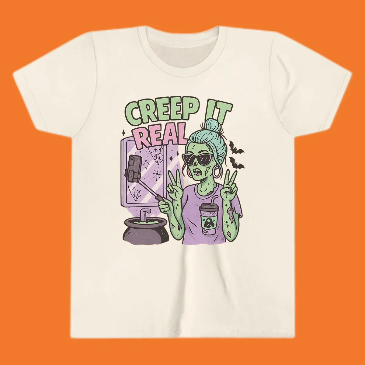 Creep it real zombie girl taking a selfie with peace signs, holding a potion and coffee cup.