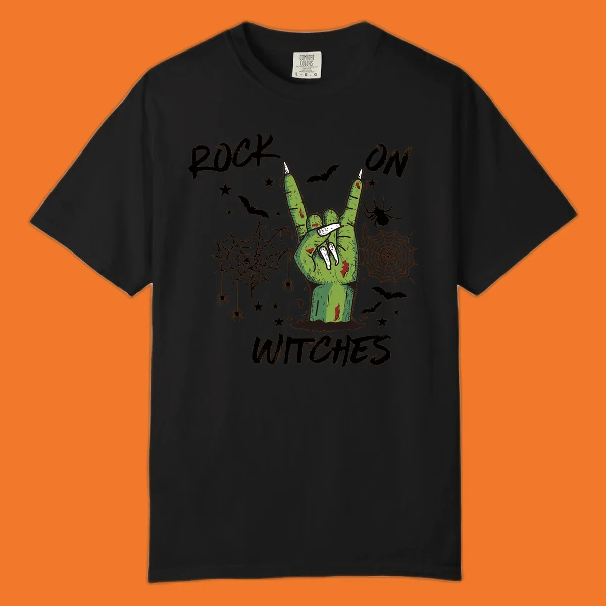 Zombie hand making rock on gesture with bats, spiders, and text 'ROCK ON WITCHES'.