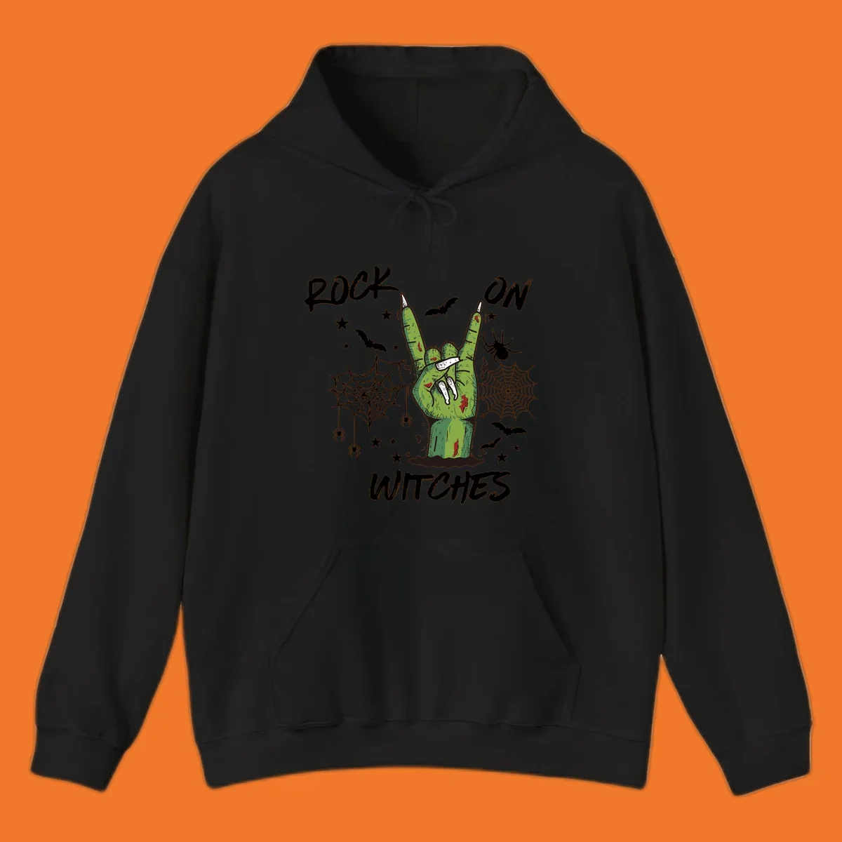 Zombie hand making rock on gesture with bats, spiders, and text 'ROCK ON WITCHES'.