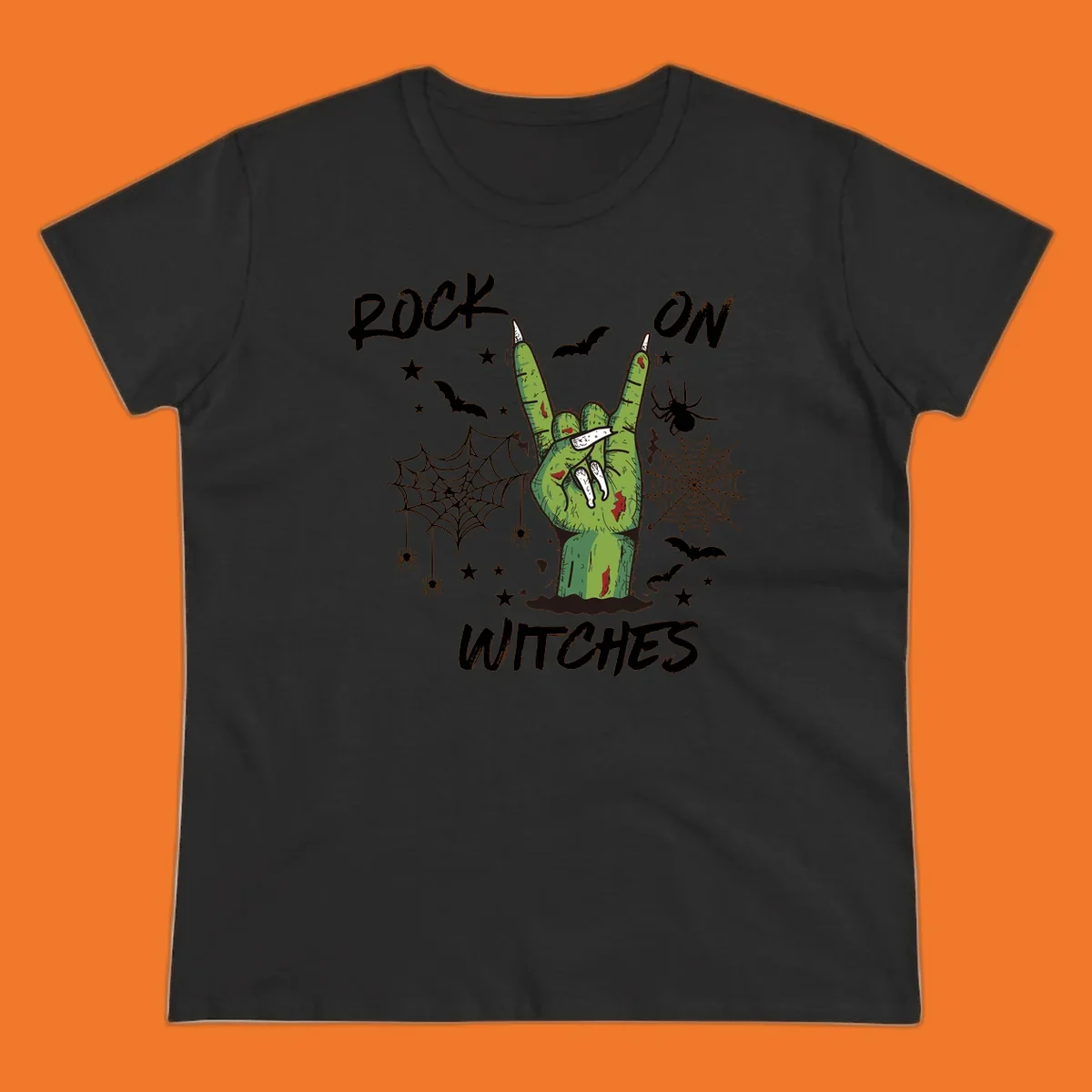 Zombie hand making rock on gesture with bats, spiders, and text 'ROCK ON WITCHES'.
