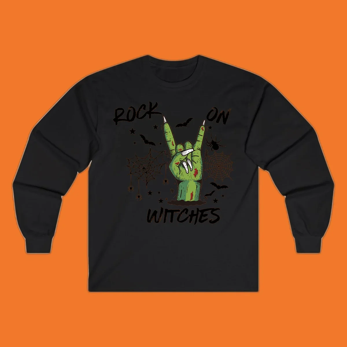 Zombie hand making rock on gesture with bats, spiders, and text 'ROCK ON WITCHES'.