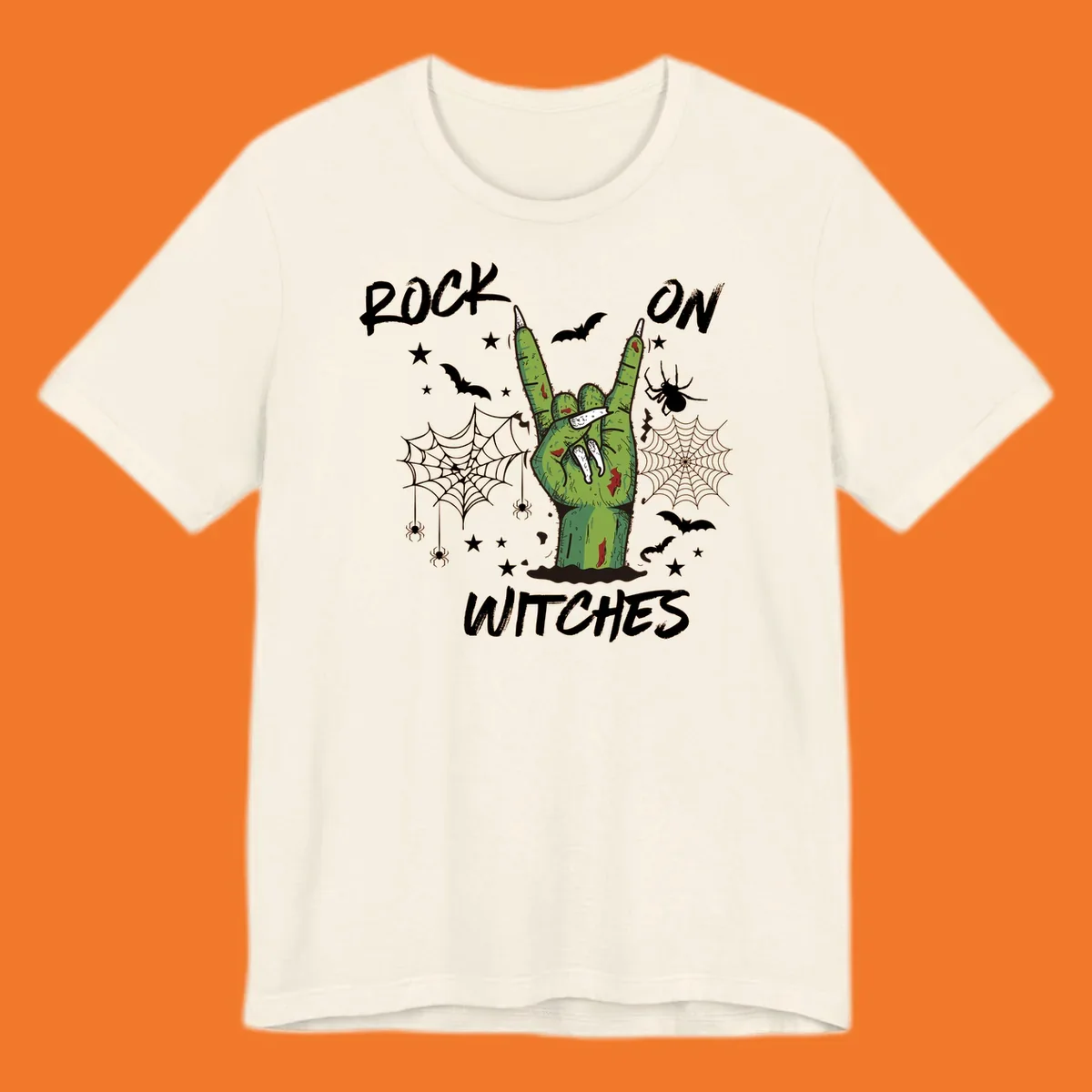 Zombie hand making rock on gesture with bats, spiders, and text 'ROCK ON WITCHES'.
