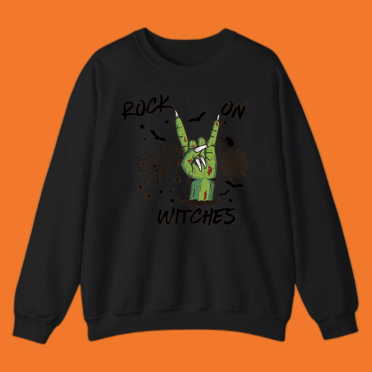 Zombie hand making rock on gesture with bats, spiders, and text 'ROCK ON WITCHES'.