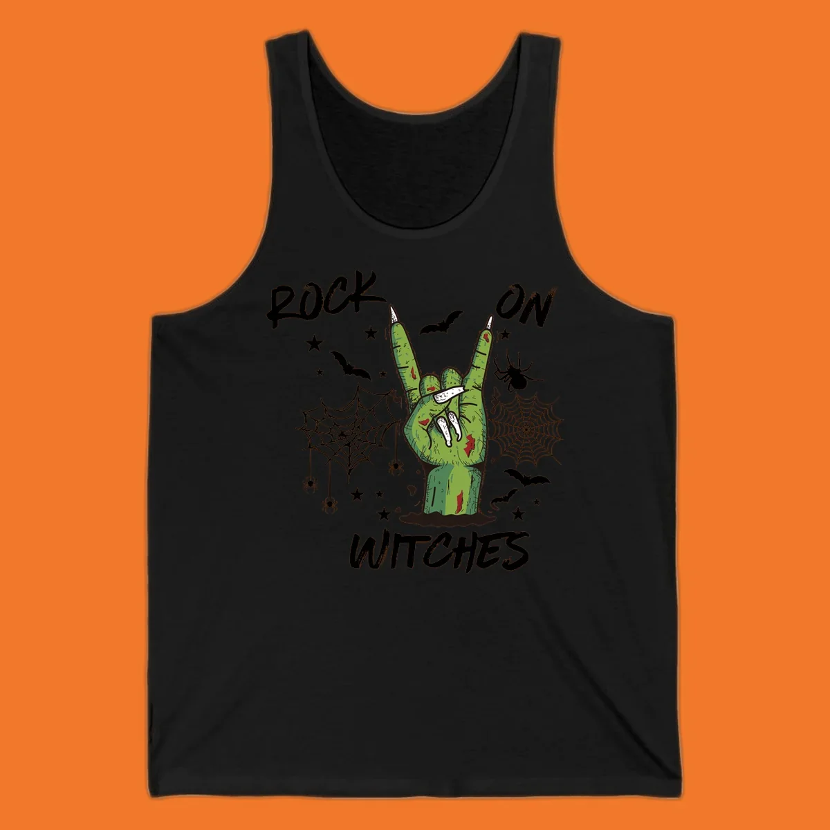Zombie hand making rock on gesture with bats, spiders, and text 'ROCK ON WITCHES'.