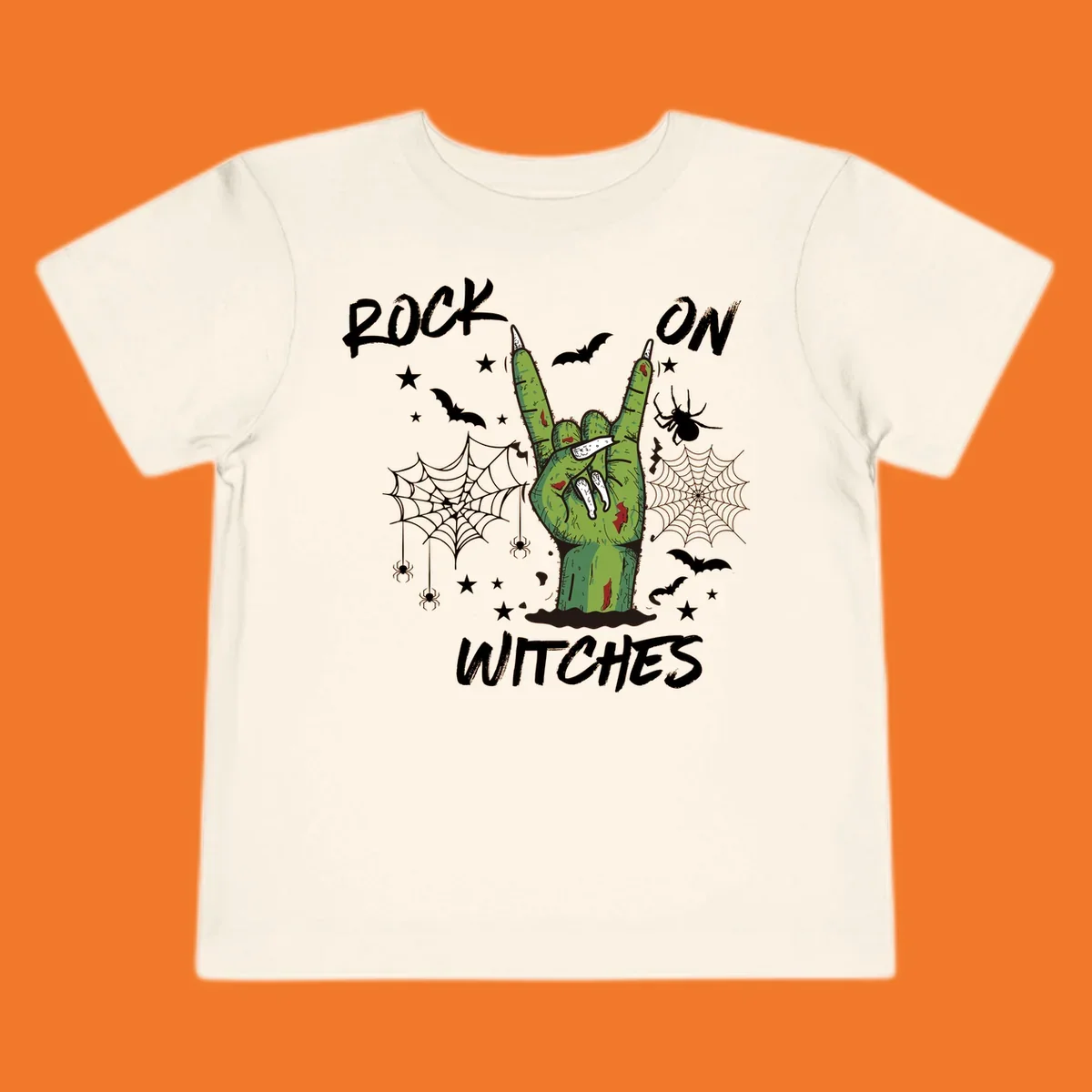 Zombie hand making rock on gesture with bats, spiders, and text 'ROCK ON WITCHES'.