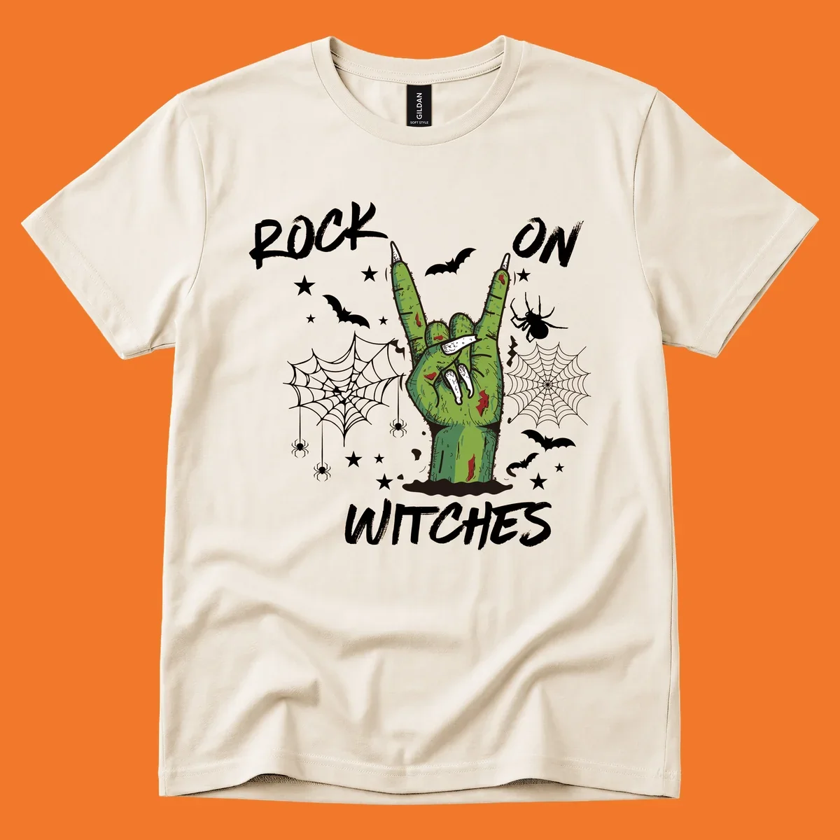 Zombie hand making rock on gesture with bats, spiders, and text 'ROCK ON WITCHES'.