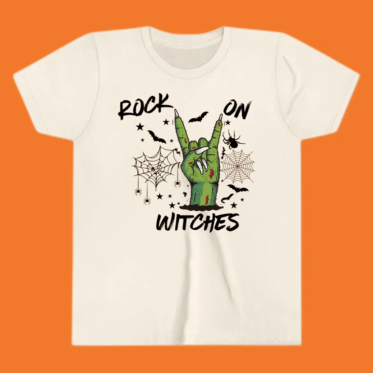 Zombie hand making rock on gesture with bats, spiders, and text 'ROCK ON WITCHES'.