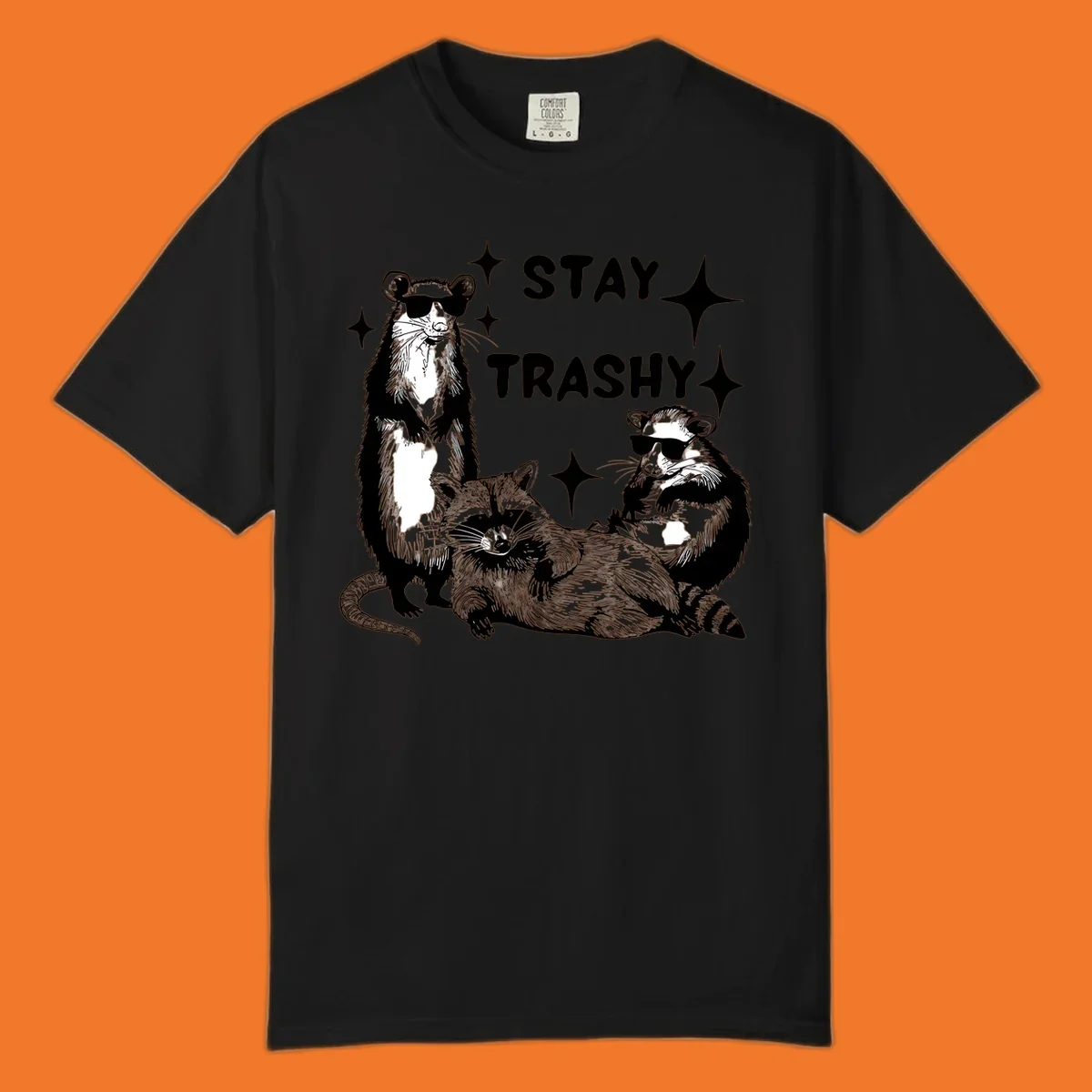 Stay trashy gang of raccoons and opossum wearing sunglasses with sparkles illustration.