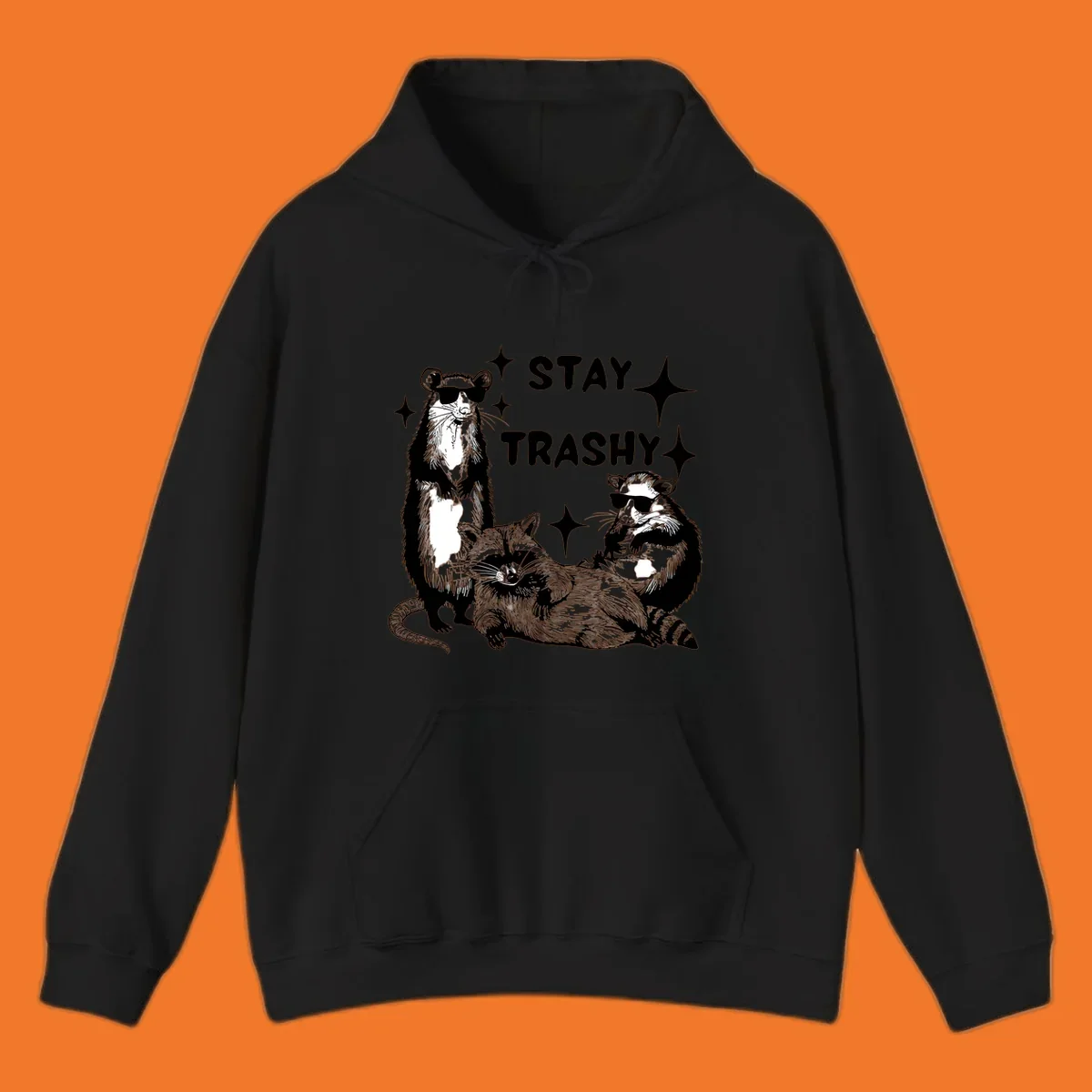 Stay trashy gang of raccoons and opossum wearing sunglasses with sparkles illustration.