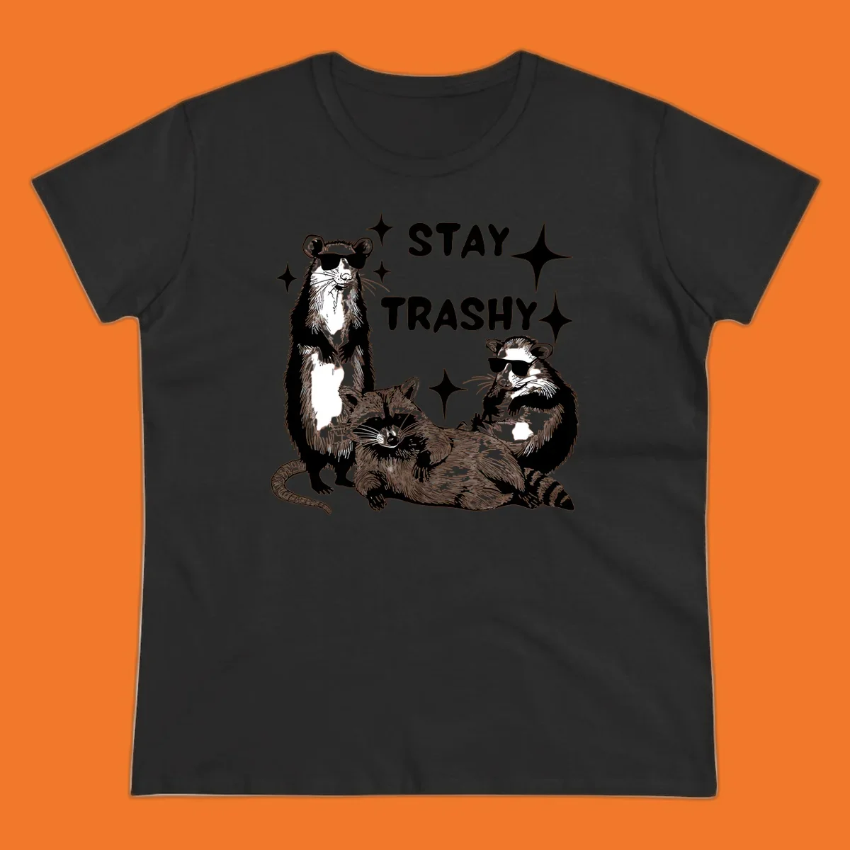 Stay trashy gang of raccoons and opossum wearing sunglasses with sparkles illustration.