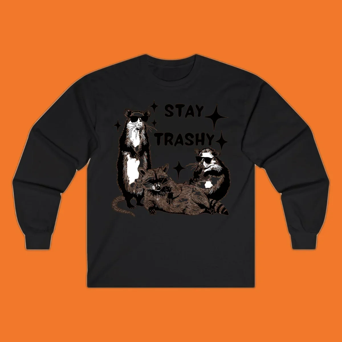 Stay trashy gang of raccoons and opossum wearing sunglasses with sparkles illustration.