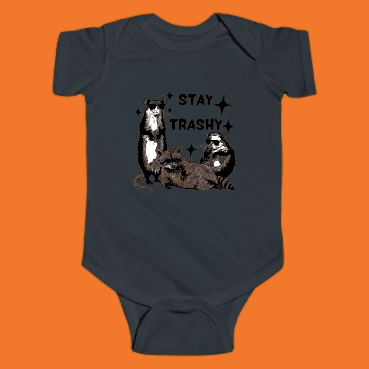 Stay trashy gang of raccoons and opossum wearing sunglasses with sparkles illustration.