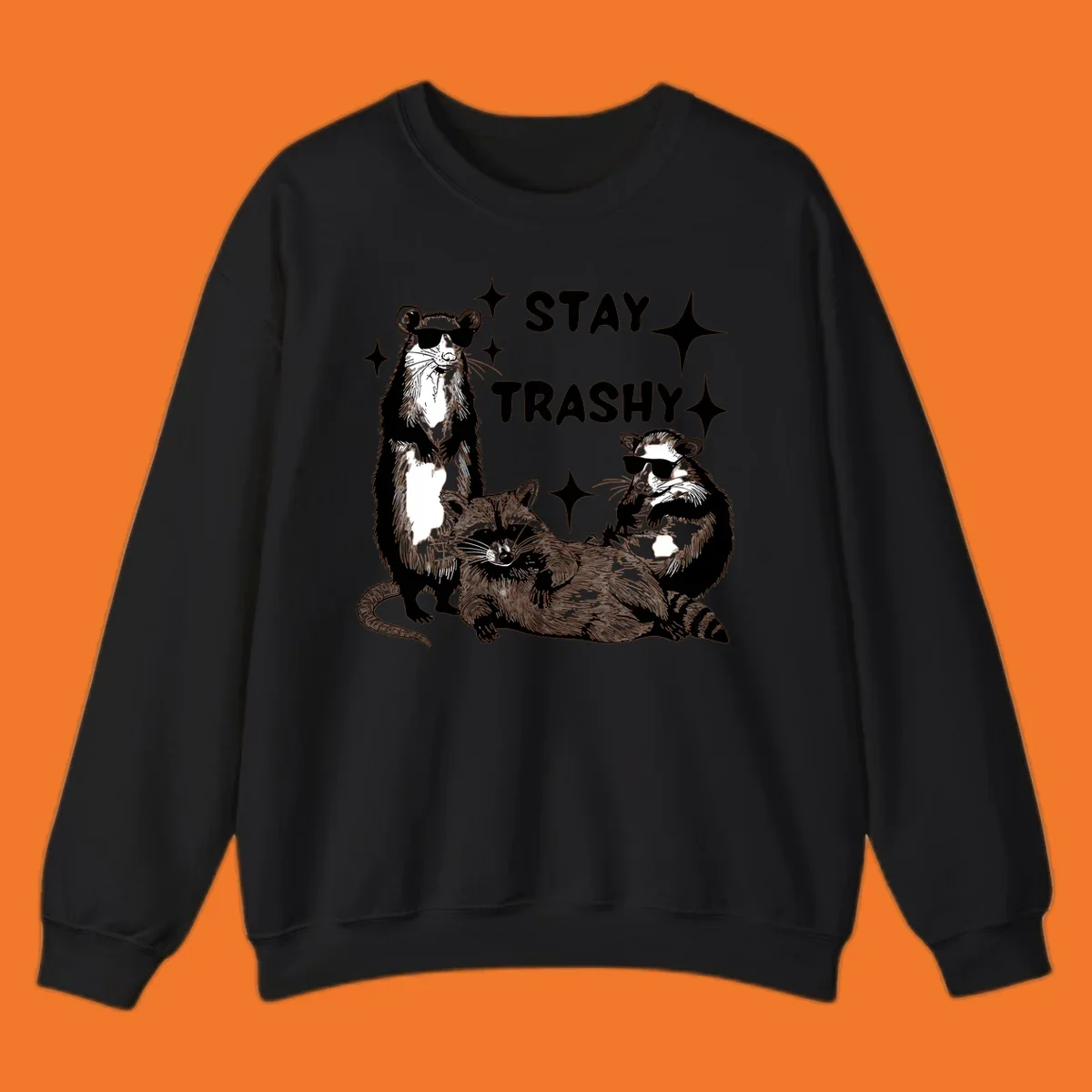 Stay trashy gang of raccoons and opossum wearing sunglasses with sparkles illustration.