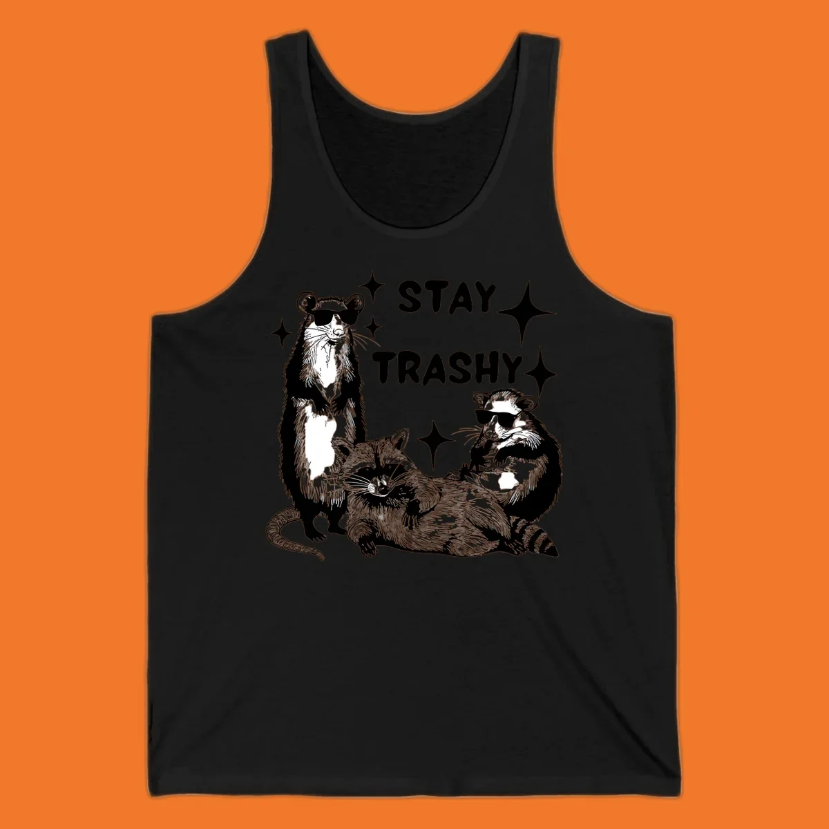 Stay trashy gang of raccoons and opossum wearing sunglasses with sparkles illustration.