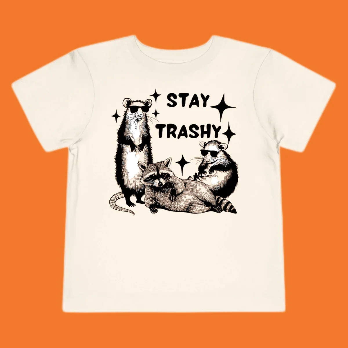 Stay trashy gang of raccoons and opossum wearing sunglasses with sparkles illustration.