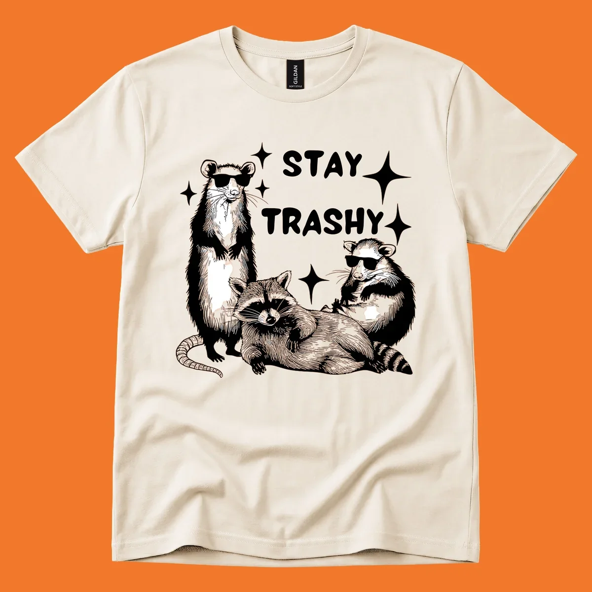 Stay trashy gang of raccoons and opossum wearing sunglasses with sparkles illustration.