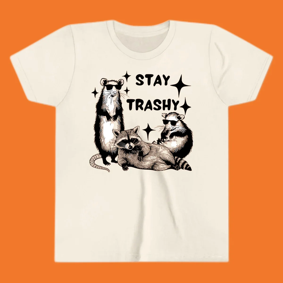 Stay trashy gang of raccoons and opossum wearing sunglasses with sparkles illustration.