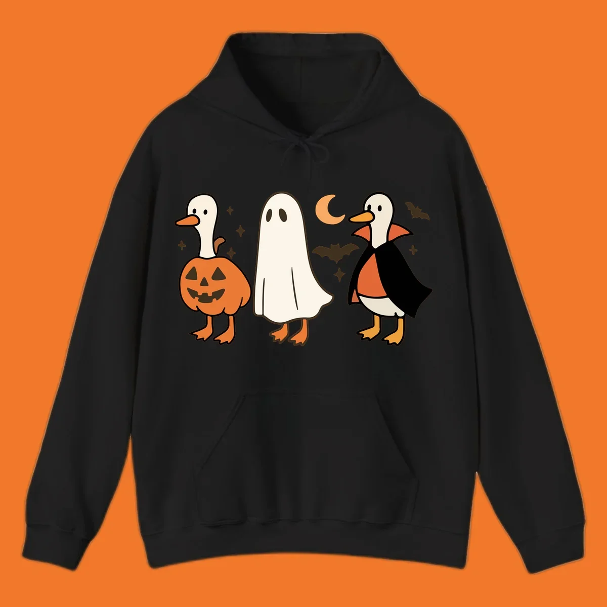 Halloween duck costumes: pumpkin, ghost, and vampire, with moon and bats. Halloween-duck-costumes.