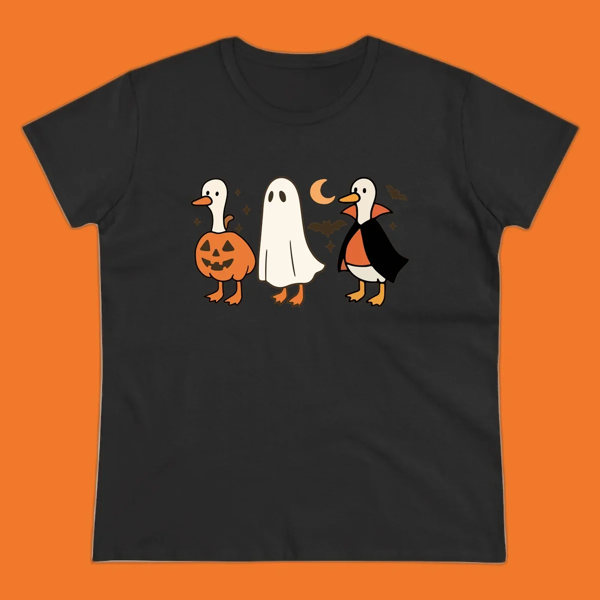 Halloween duck costumes: pumpkin, ghost, and vampire, with moon and bats. Halloween-duck-costumes.