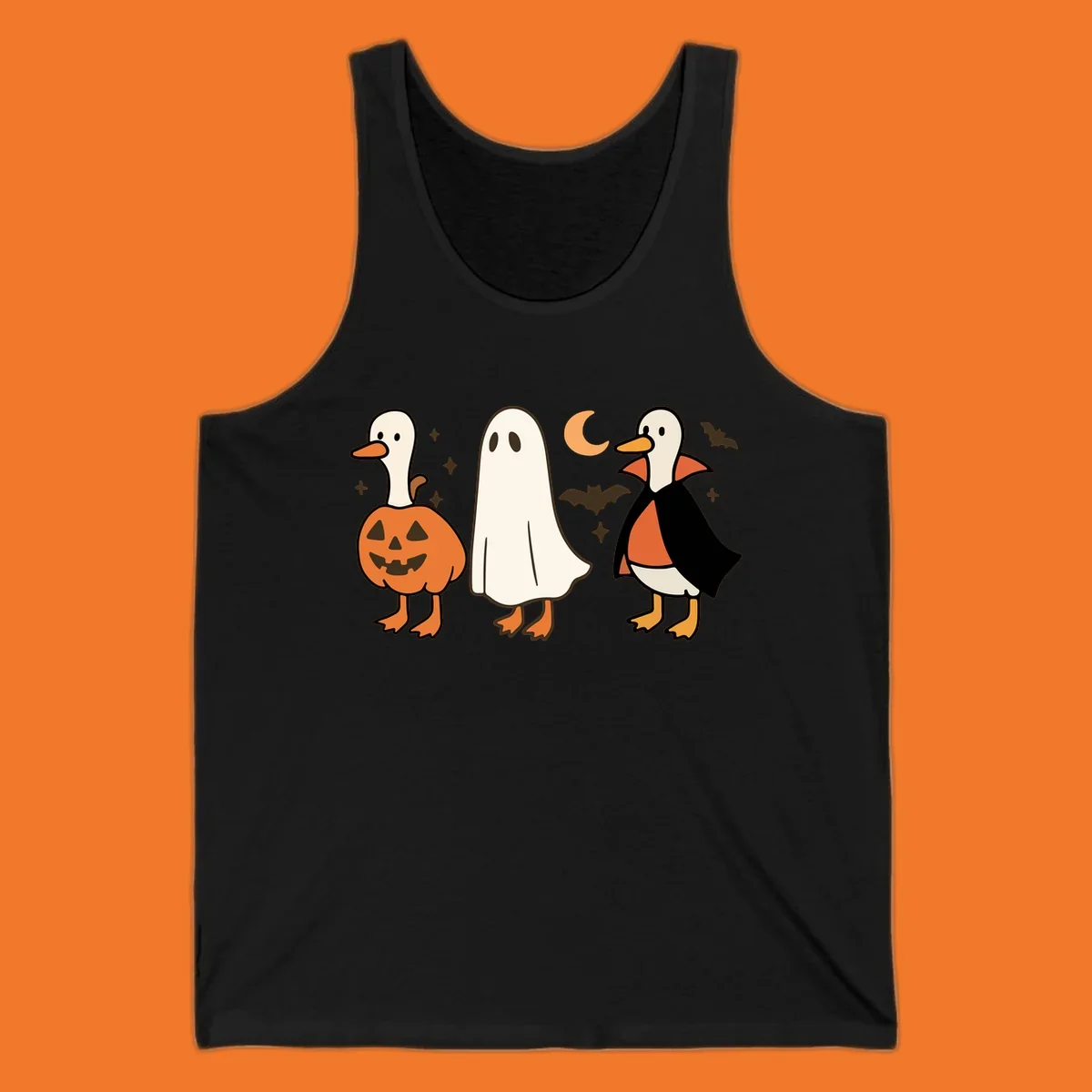 Halloween duck costumes: pumpkin, ghost, and vampire, with moon and bats. Halloween-duck-costumes.