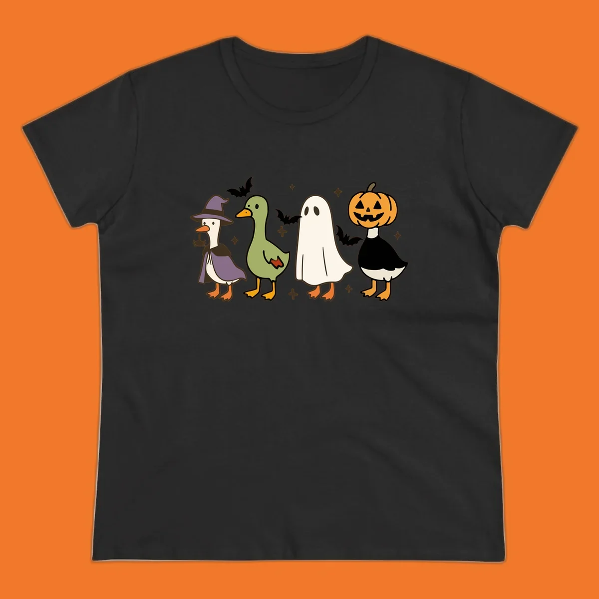 Illustration of four cute animals in Halloween costumes: a witch goose, a duckling, a ghost, and a pumpkin goose.