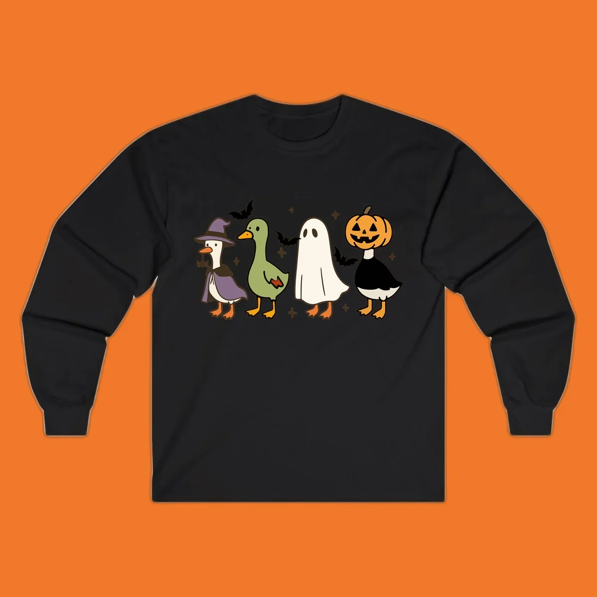 Illustration of four cute animals in Halloween costumes: a witch goose, a duckling, a ghost, and a pumpkin goose.