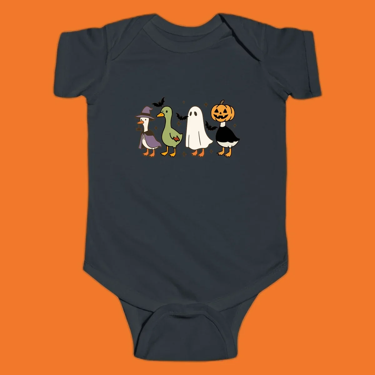 Illustration of four cute animals in Halloween costumes: a witch goose, a duckling, a ghost, and a pumpkin goose.