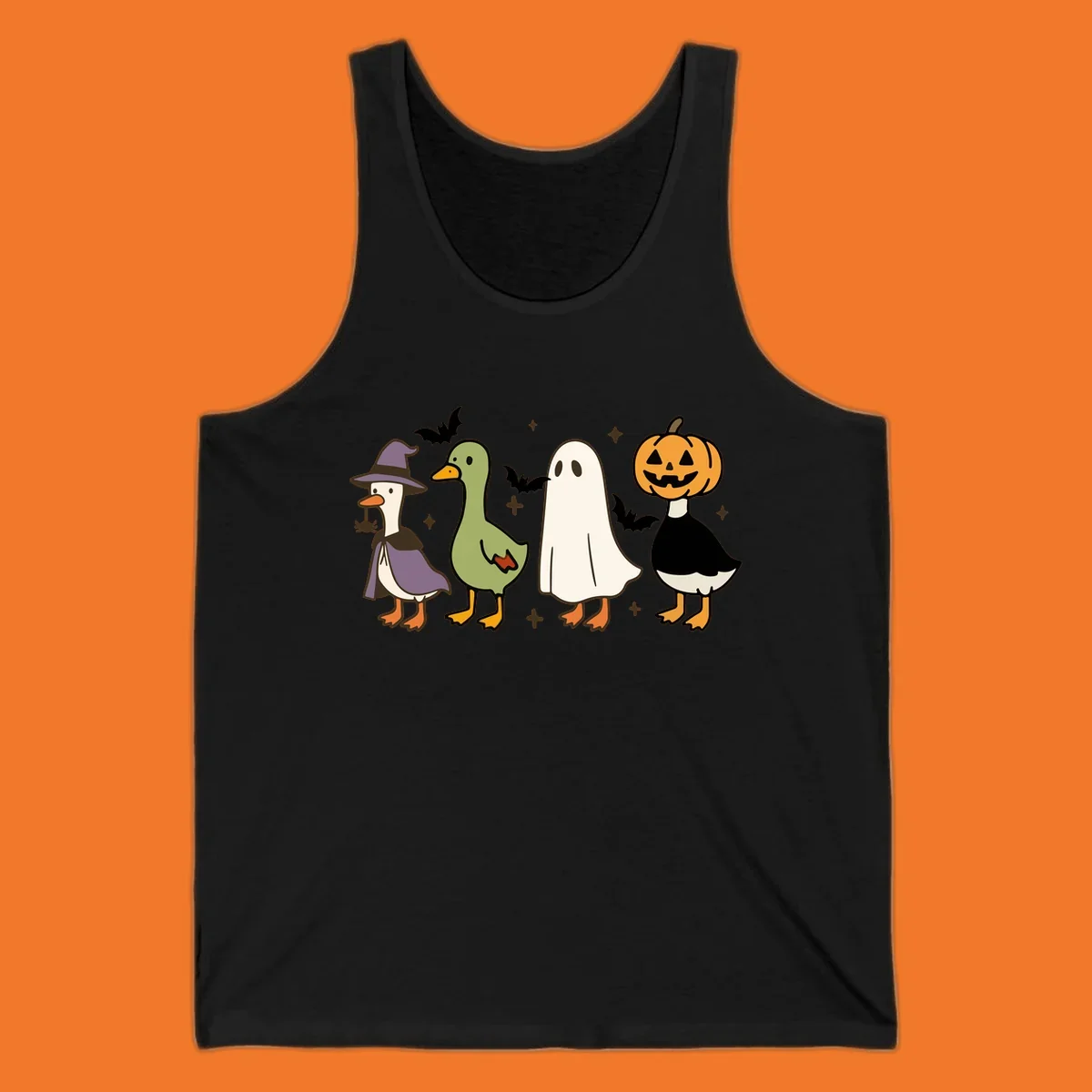 Illustration of four cute animals in Halloween costumes: a witch goose, a duckling, a ghost, and a pumpkin goose.