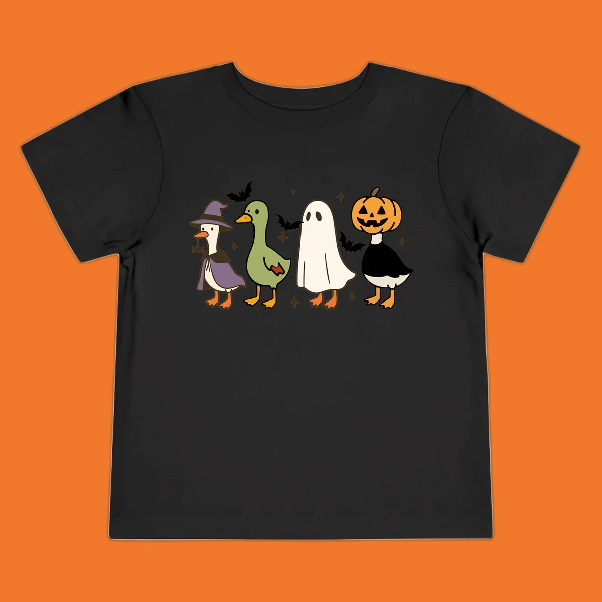 Illustration of four cute animals in Halloween costumes: a witch goose, a duckling, a ghost, and a pumpkin goose.