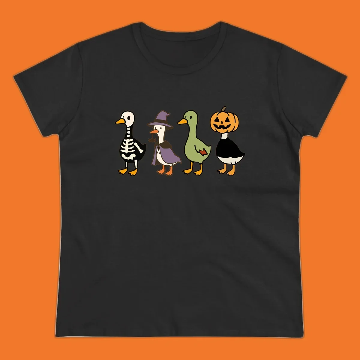 Four ducks in Halloween costumes: skeleton, witch, plain, and jack-o-lantern. Funny Halloween duck costumes.